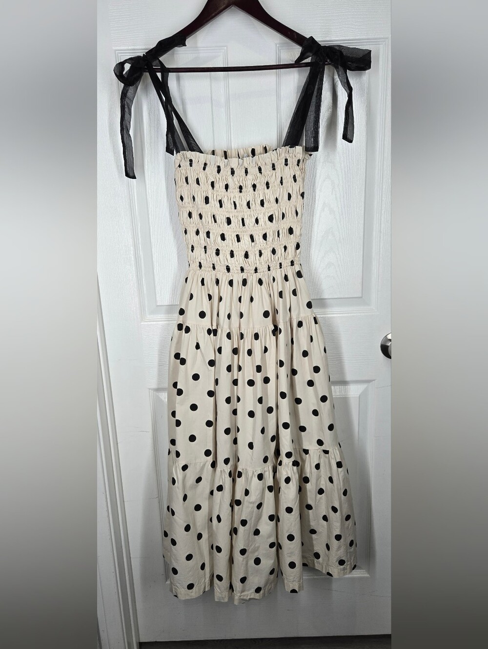 En Saison Polka Dot Smocked Tiered Maxi Dress Black Tulle Tie Shoulder Size S - Picture 13 of 14